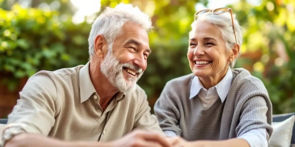Happy couple enjoying retirement in a peaceful outdoor setting.