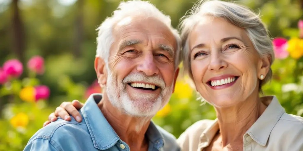 Happy couple enjoying retirement in a sunny garden.