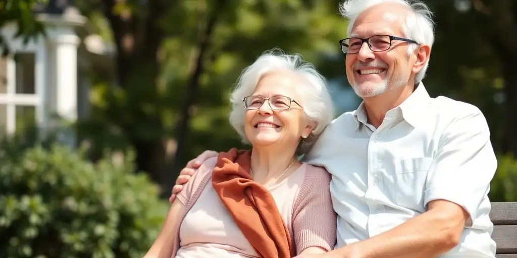 Elderly couple relaxing in a sunny garden setting.