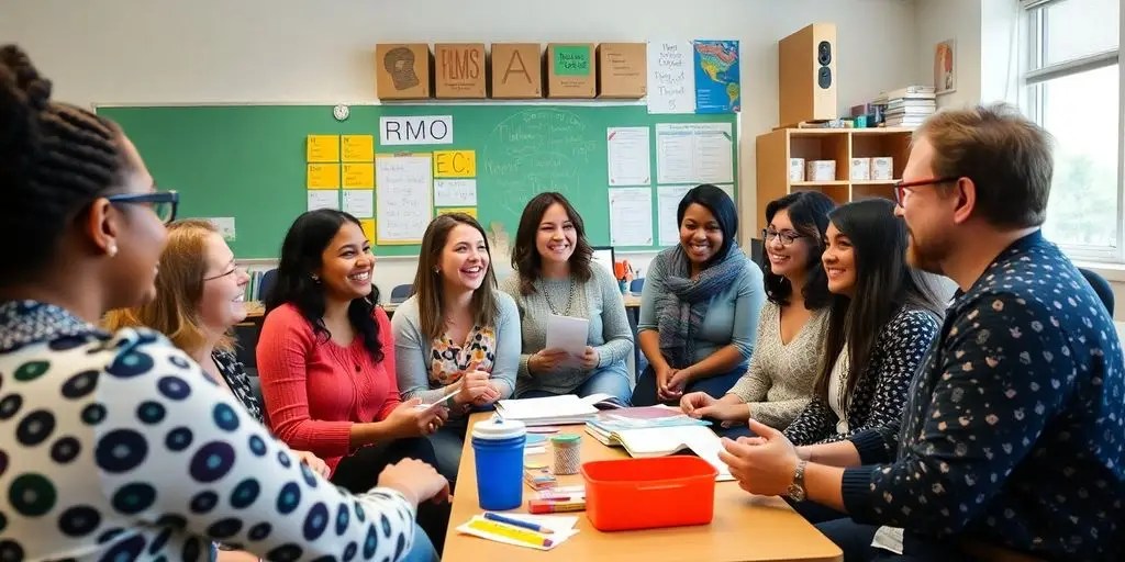 Teachers collaborating in a vibrant classroom setting.