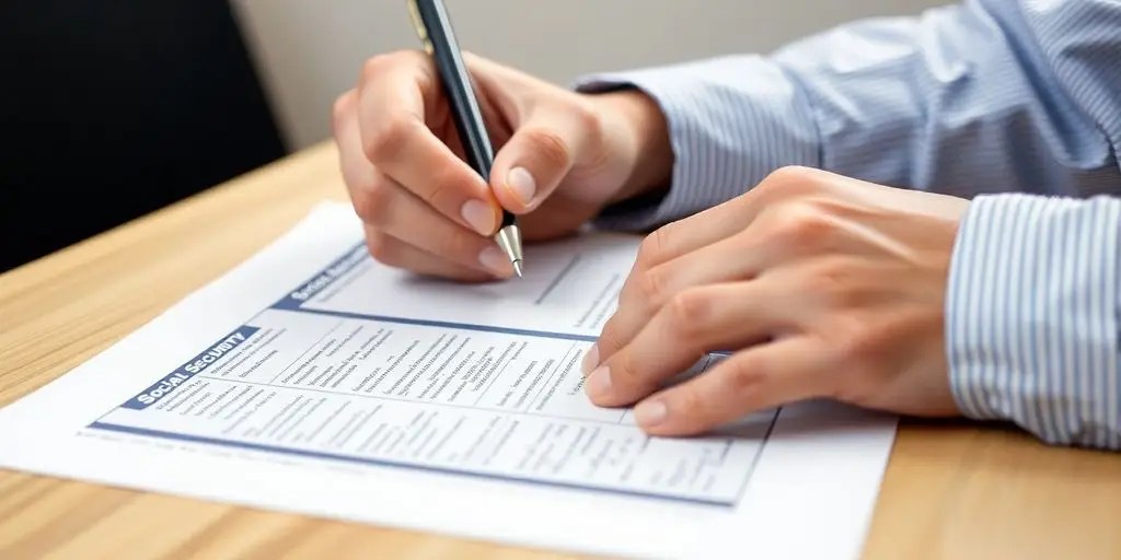 Person filling out Social Security benefits application form.