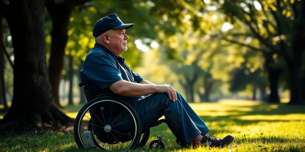 Disabled veteran reflecting in a tranquil park setting.