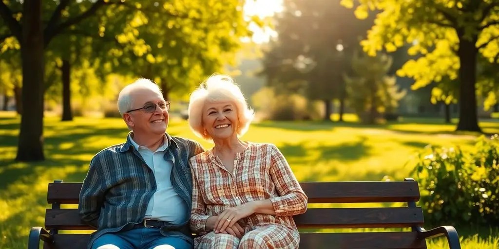 Retired couple relaxing together in a sunny park.