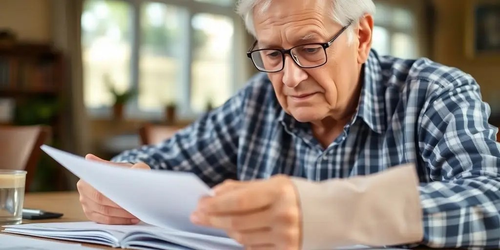 Elderly person examining documents at a table.