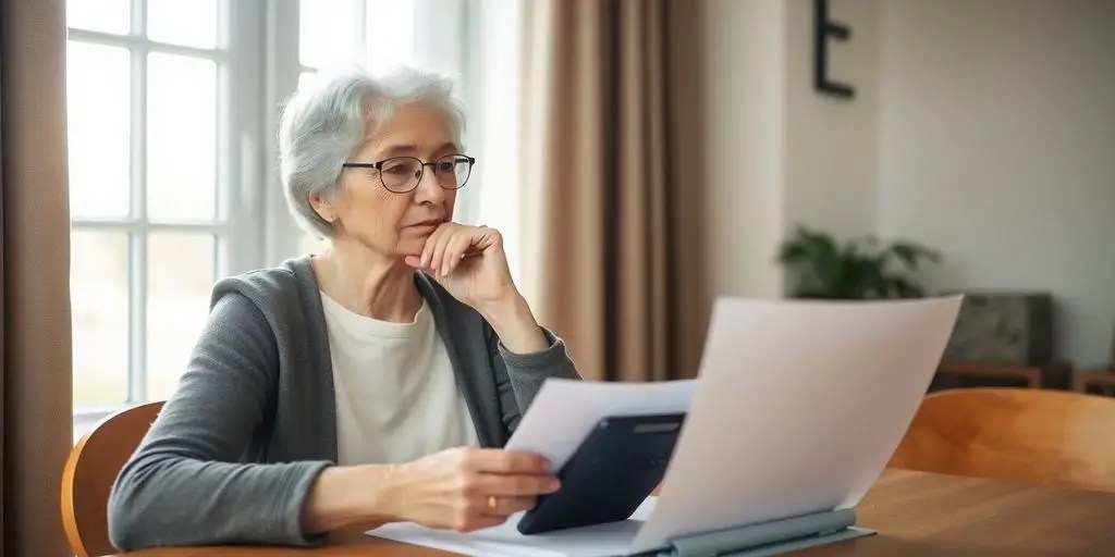A widow calculating her social security benefits thoughtfully.