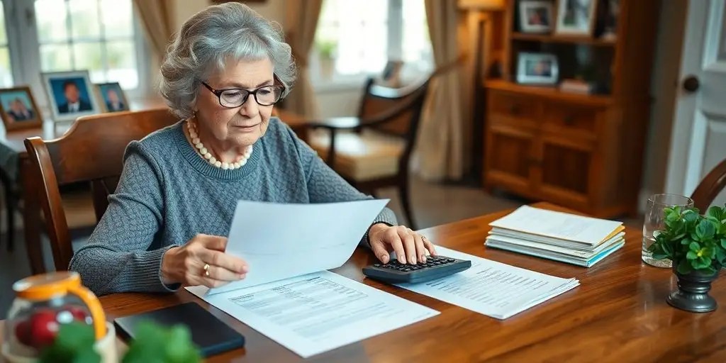 Widow reviewing financial documents at a cozy table.