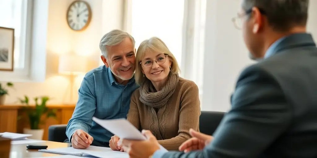 Couple consulting a financial advisor about retirement planning.