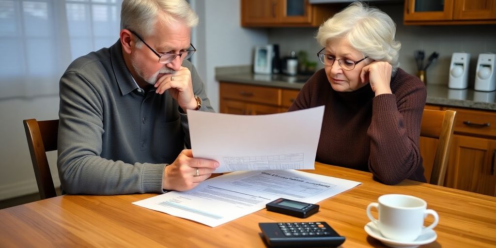 Senior couple discussing finances at a kitchen table.