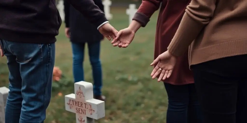 Family at a gravesite, symbolizing support and remembrance.