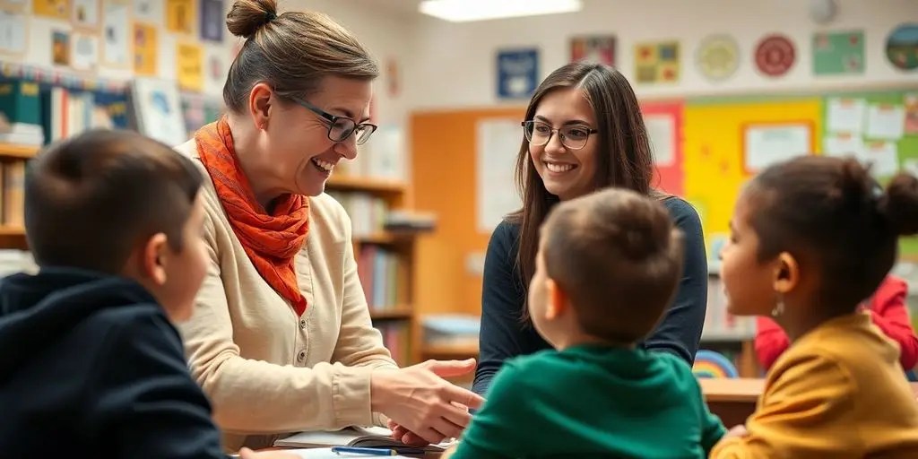 A teacher and students in a bright classroom setting.