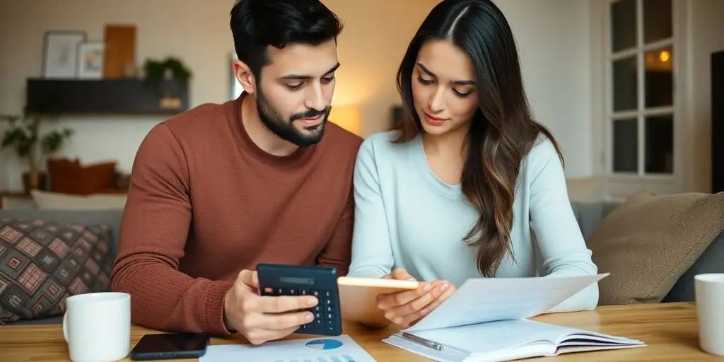 Couple using a calculator together at home.