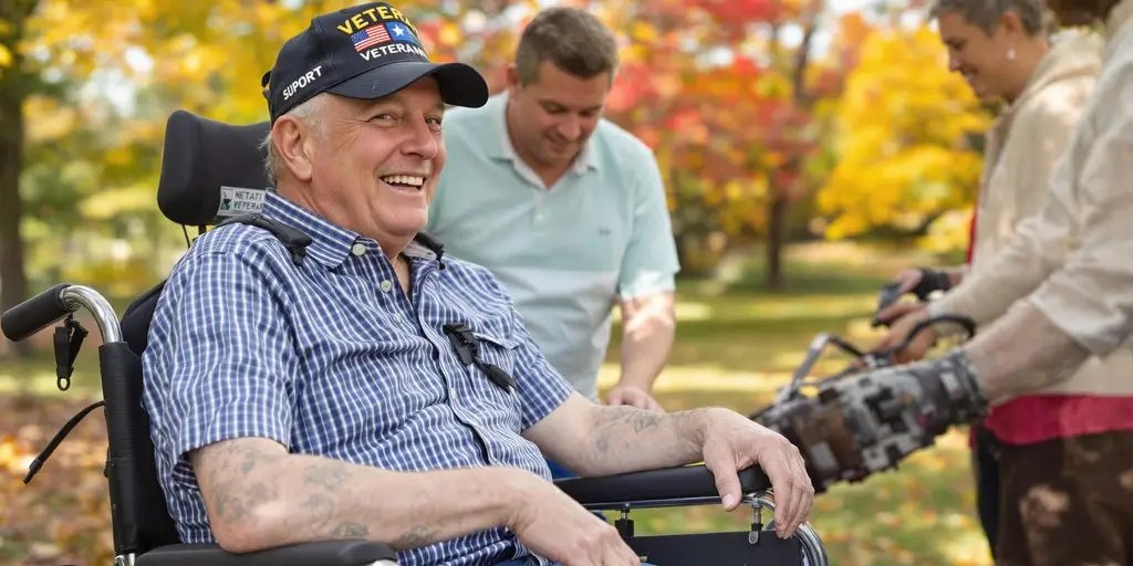Disabled veteran in wheelchair in a supportive community setting.
