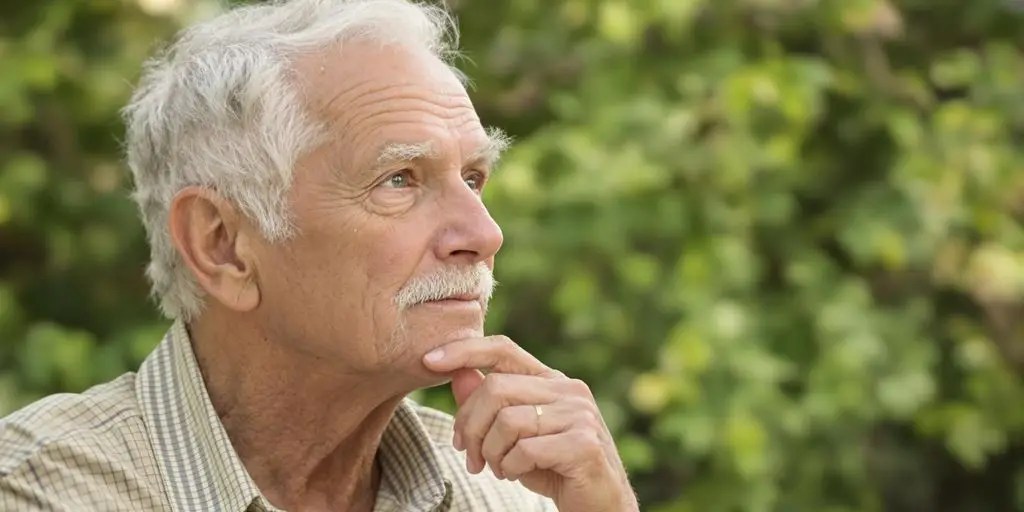 Older adult contemplating retirement in a natural setting.