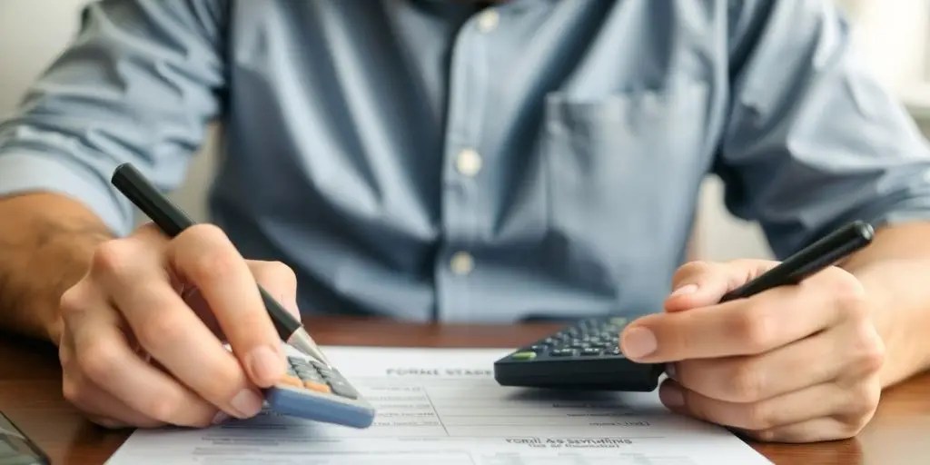 Person analyzing their finances with a calculator and documents.