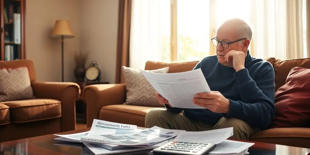 Senior citizen reviewing retirement options at home.