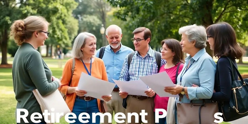 Outdoor meeting of public employees discussing retirement options.