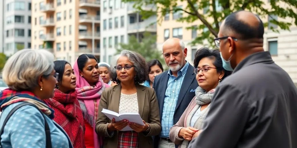Diverse group discussing Social Security benefits outdoors.