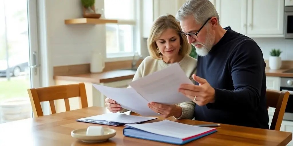 Couple discussing financial documents about Social Security benefits.