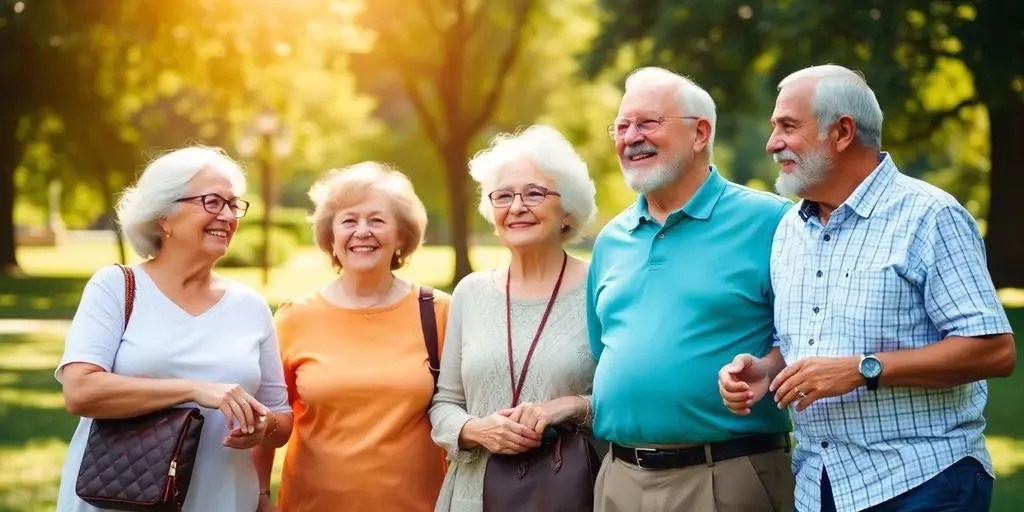 Diverse seniors enjoying a sunny day in a park.