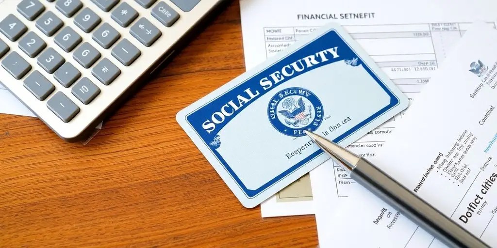 Social Security card and financial tools on a table.
