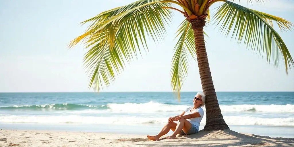 Retiree couple relaxing on a beach under a palm tree.