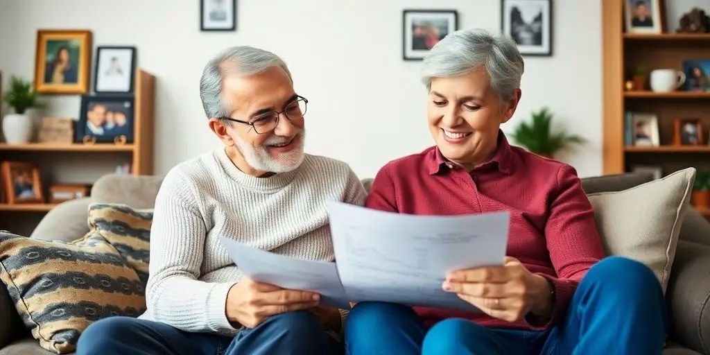 Married couple discussing finances in a cozy living room.