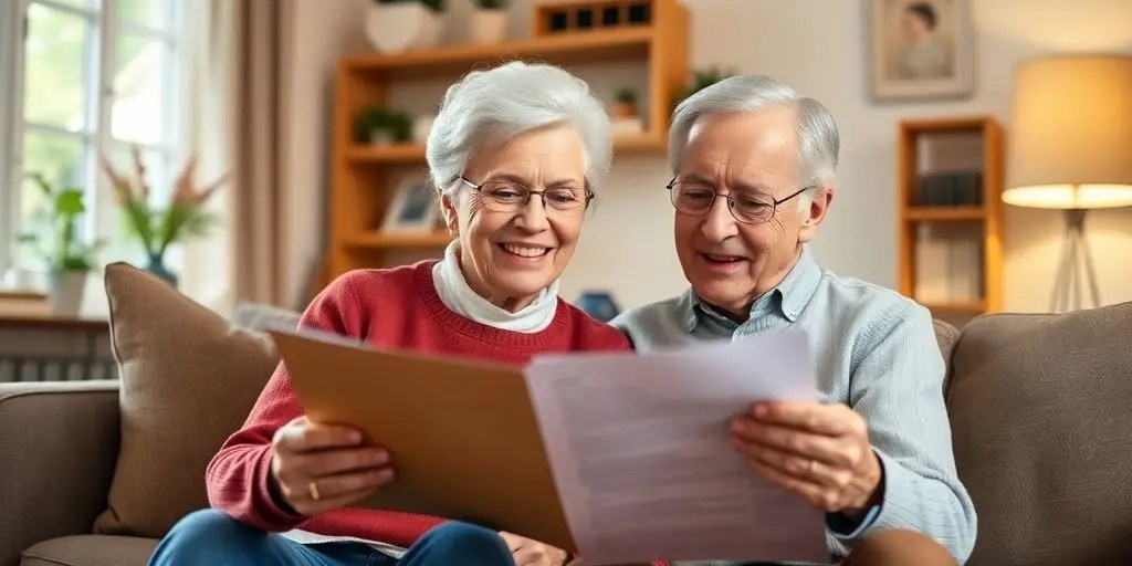 Elderly couple reviewing financial documents in a cozy home.