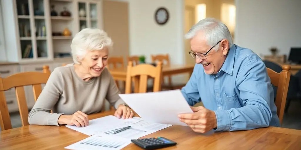 Elderly couple discussing finances at a dining table.