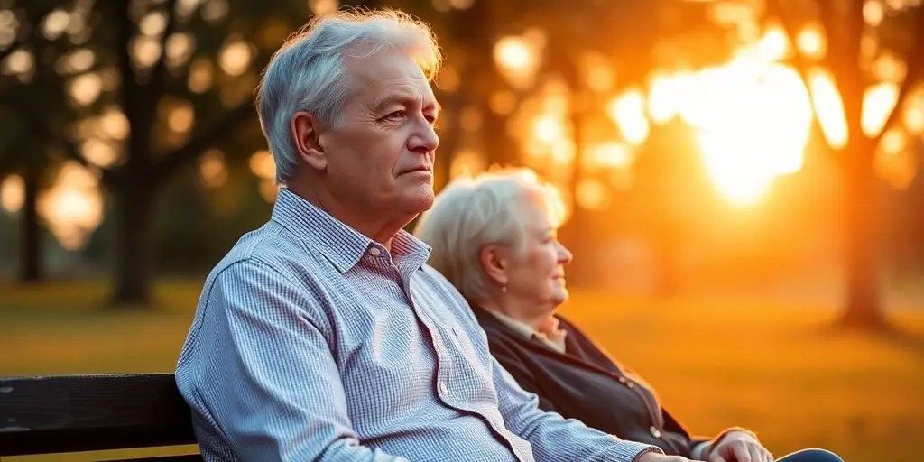 Senior couple pondering their future on a park bench.