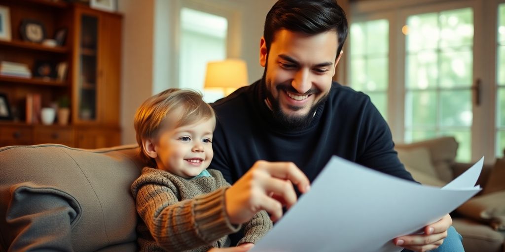 Stay-at-home dad with child reviewing financial documents at home.