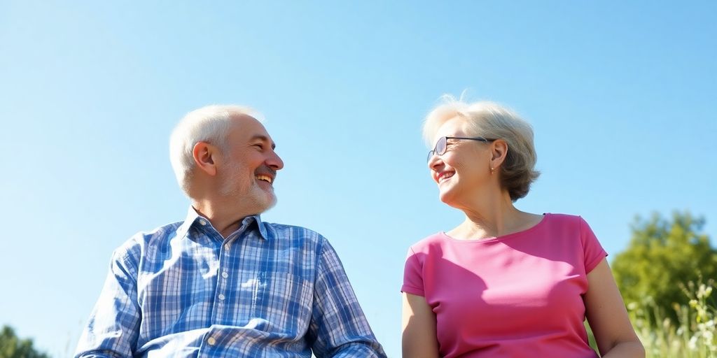 Retired couple enjoying a sunny day outdoors.