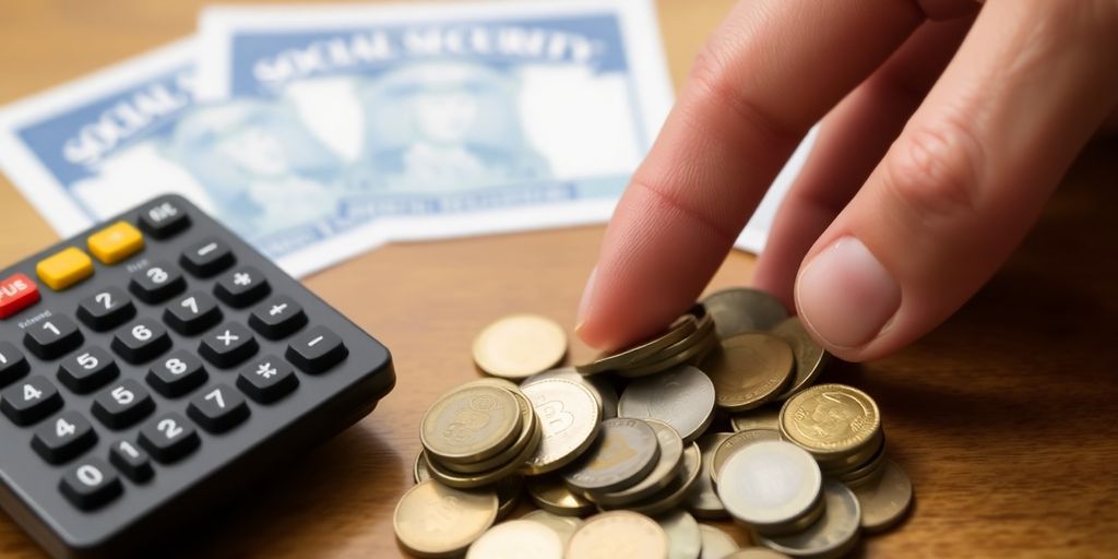 Hands counting coins with calculator and Social Security card.