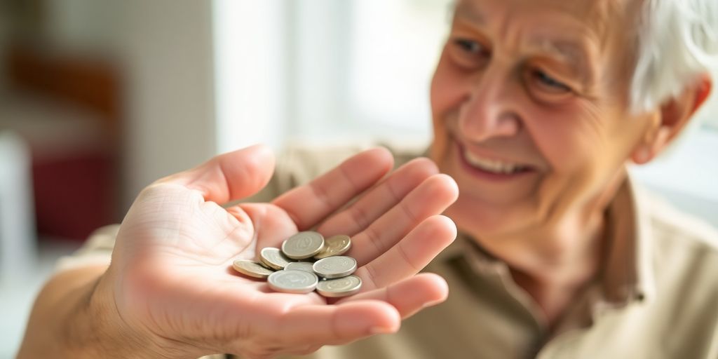 Elderly person holding coins, smiling.