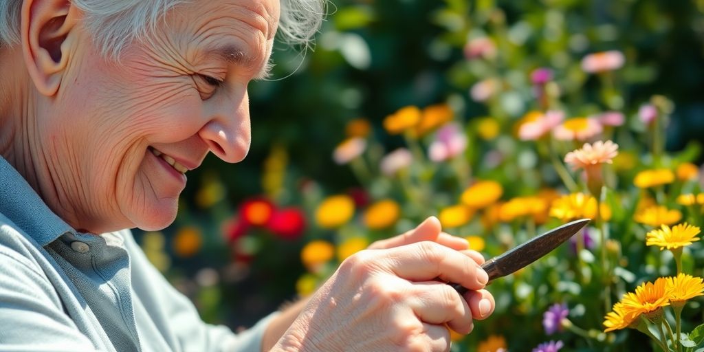 Elderly person happily working in a vibrant garden.