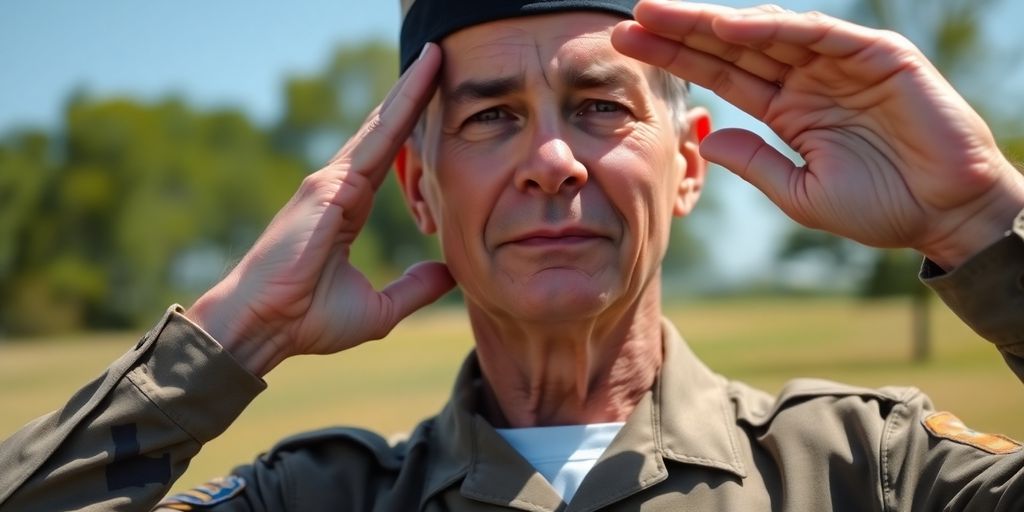 Veteran in uniform, walking through a field.