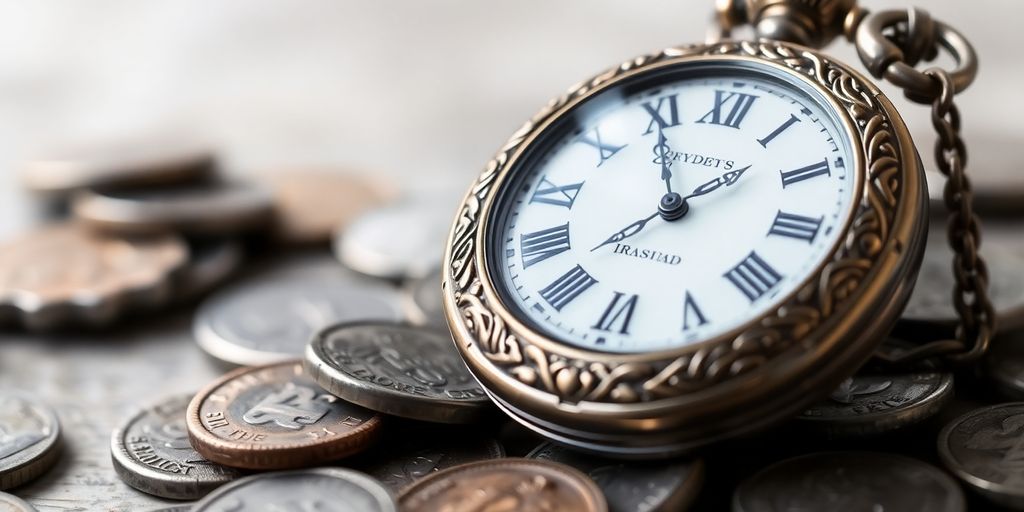 A close-up of a vintage pocket watch on a pile of old coins.
