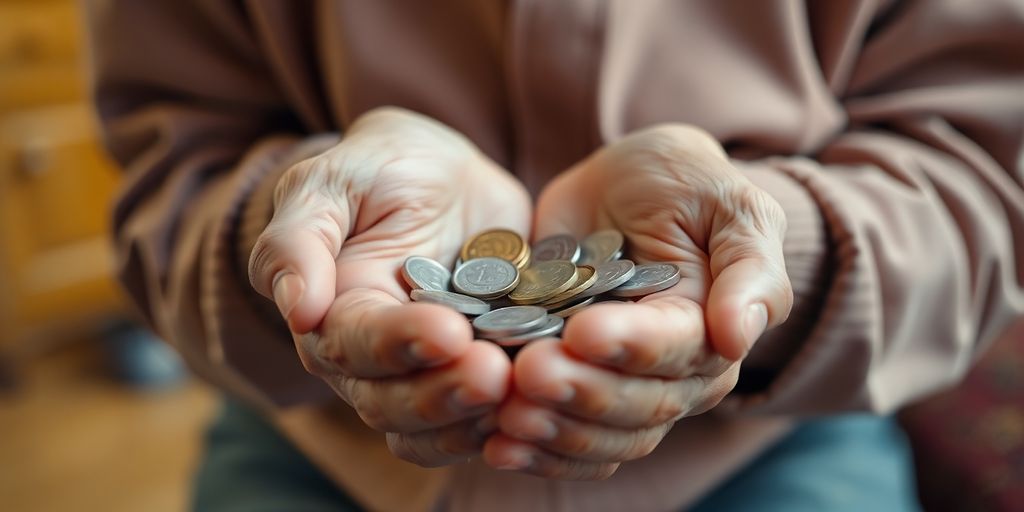 Elderly person looking thoughtfully at coins