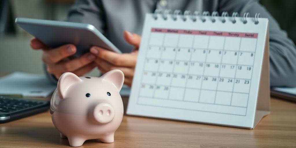 Piggy bank, calendar, person calculating