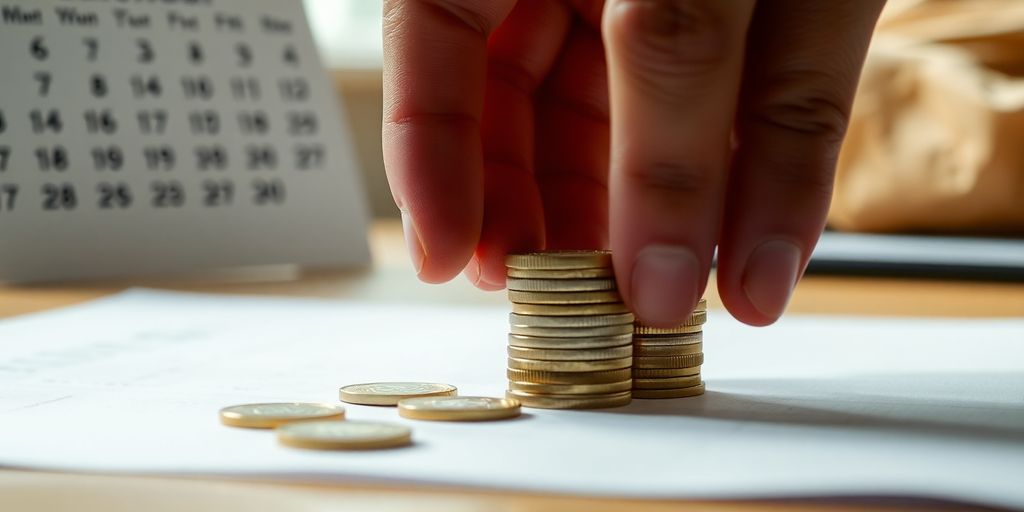 Calendar, coins, and a hand arranging them.