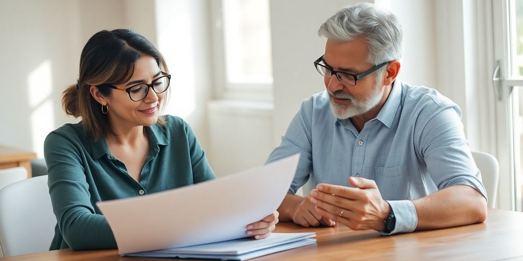 Man and woman discussing documents at table.