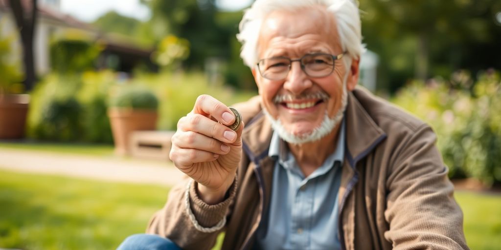 Retiree smiling, holding a small stack of coins.