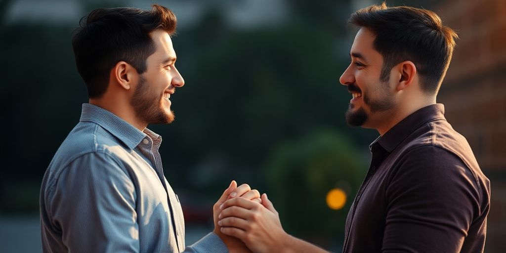 Two men holding hands, happy.