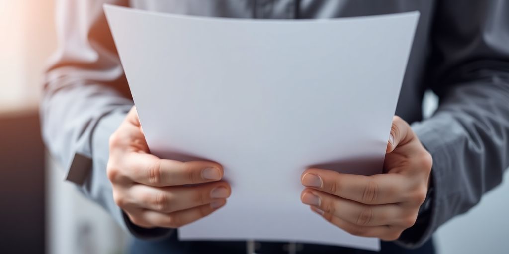 Person holding a document near a desk.
