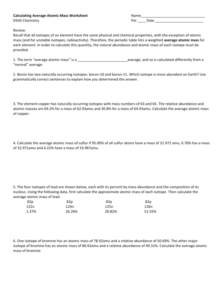 Isotopes and average atomic mass worksheet — db-excel.com