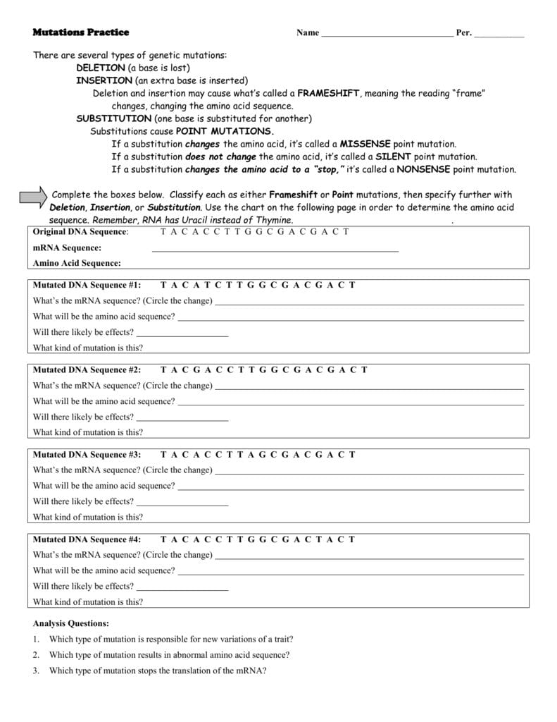 Mutations worksheet deletion insertion and substitution — db-excel.com