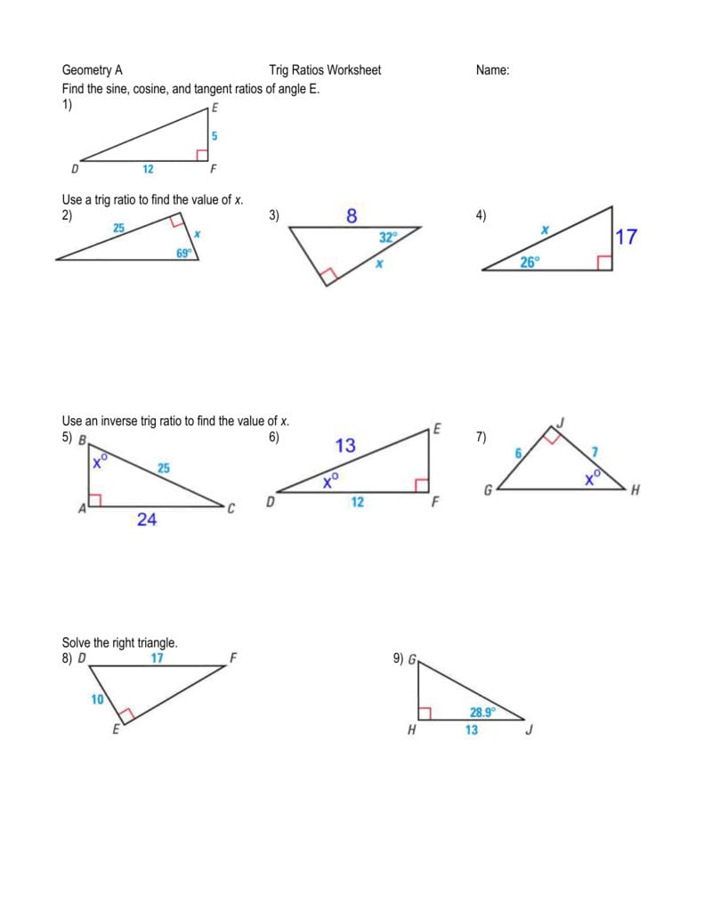 geometry a trig ratios worksheet name find the sine cosine