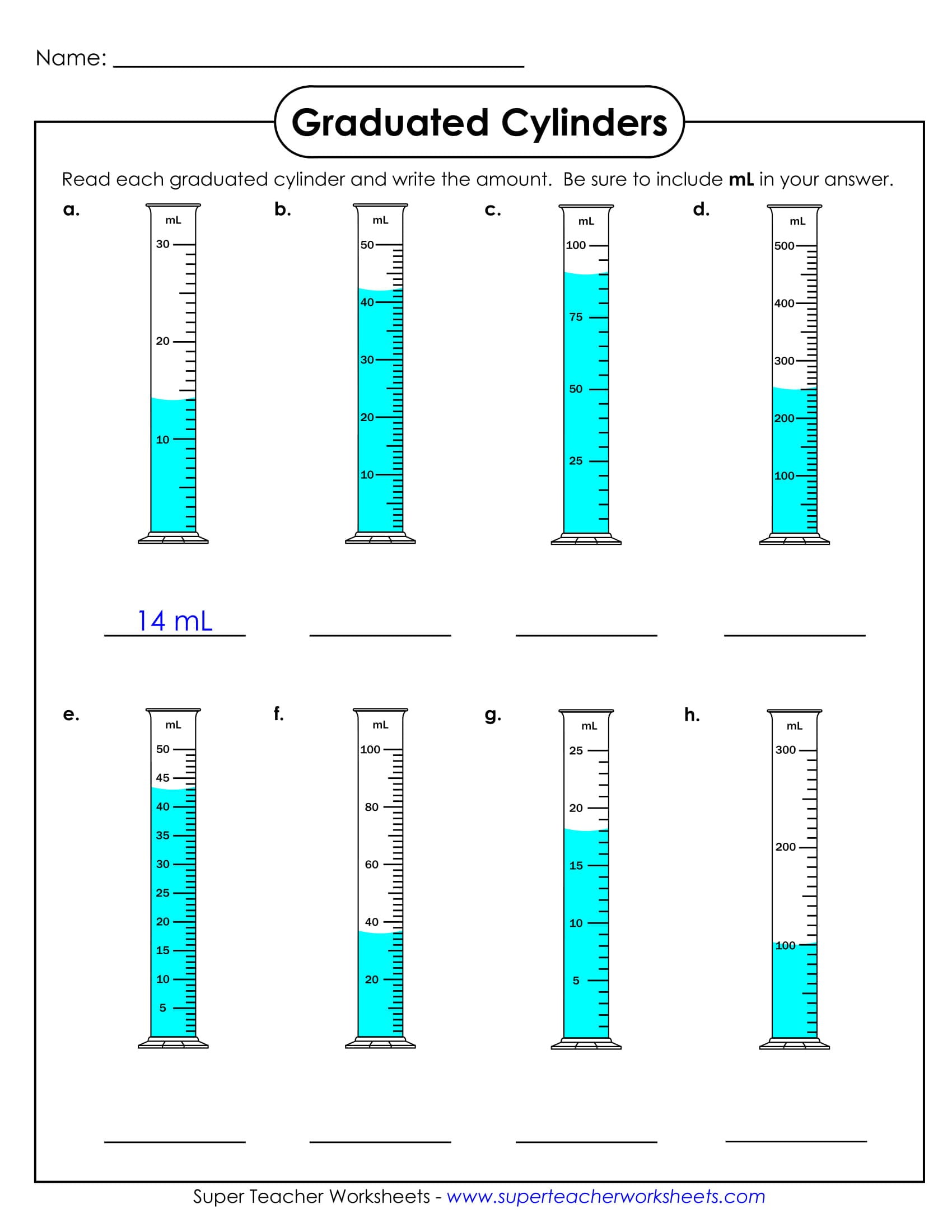 Reading a graduated cylinder worksheets