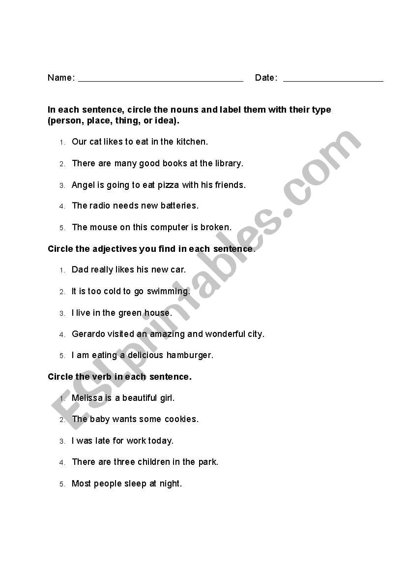 identify nouns and adjectives worksheets db excelcom