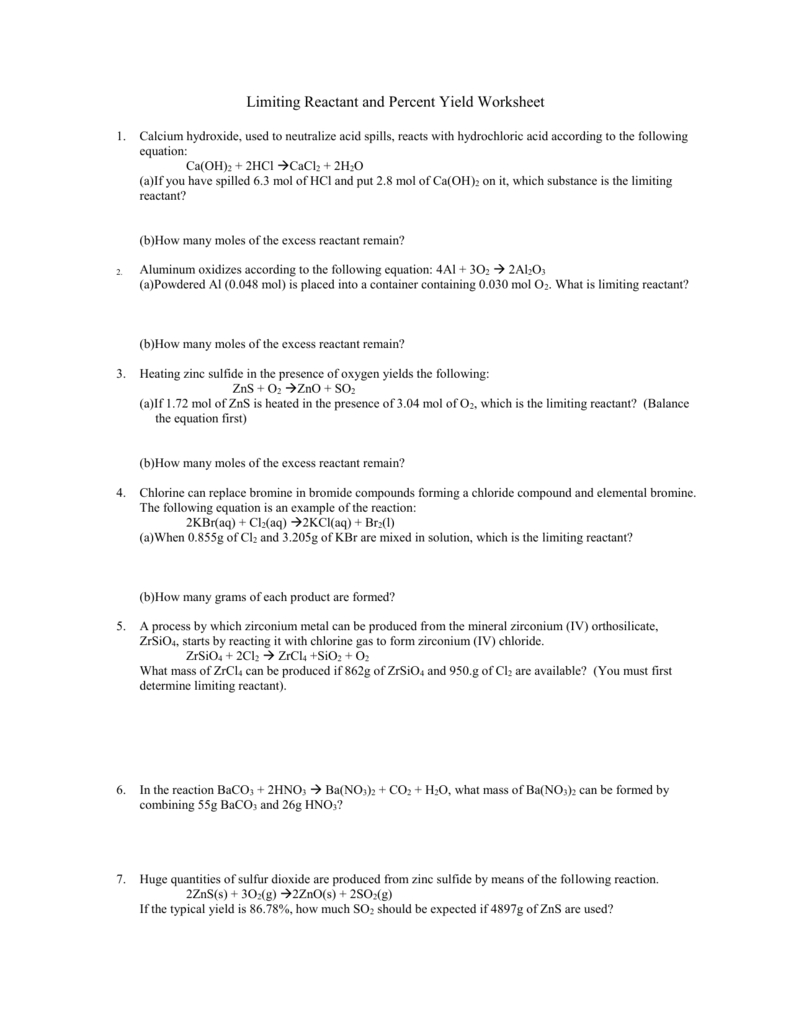 Limiting reactant and yield worksheet — db-excel.com