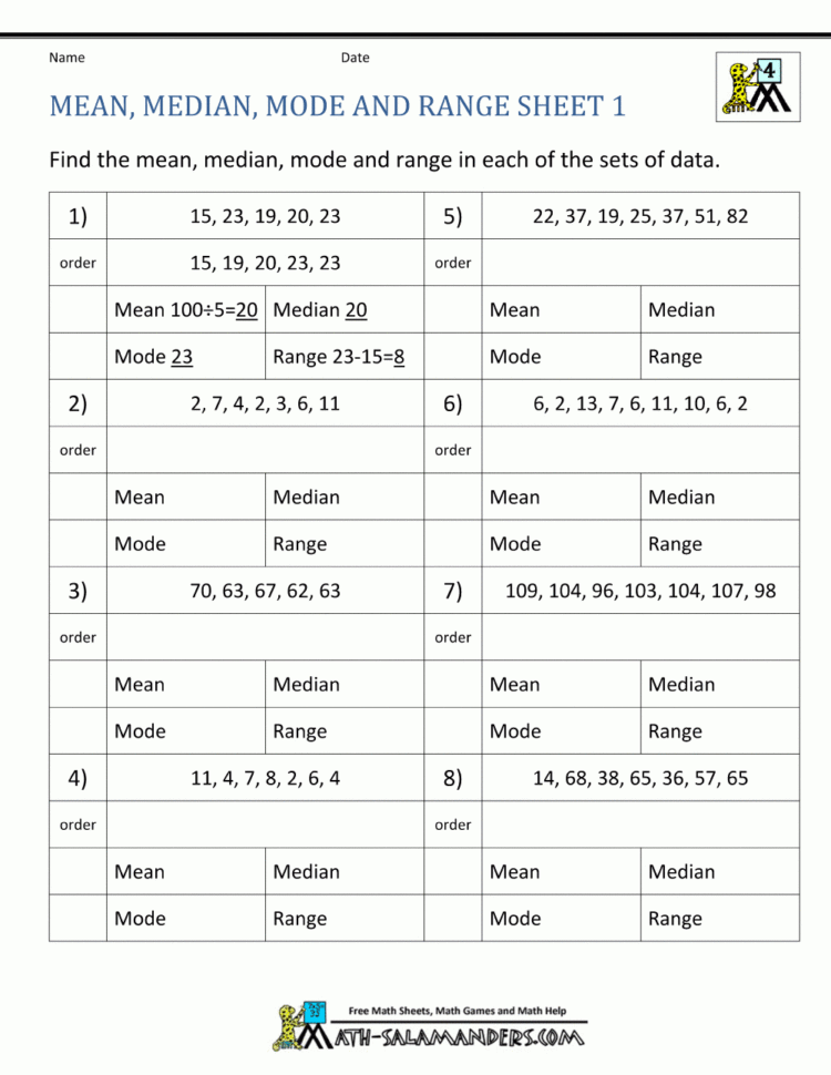 Worksheets on mean median and mode
